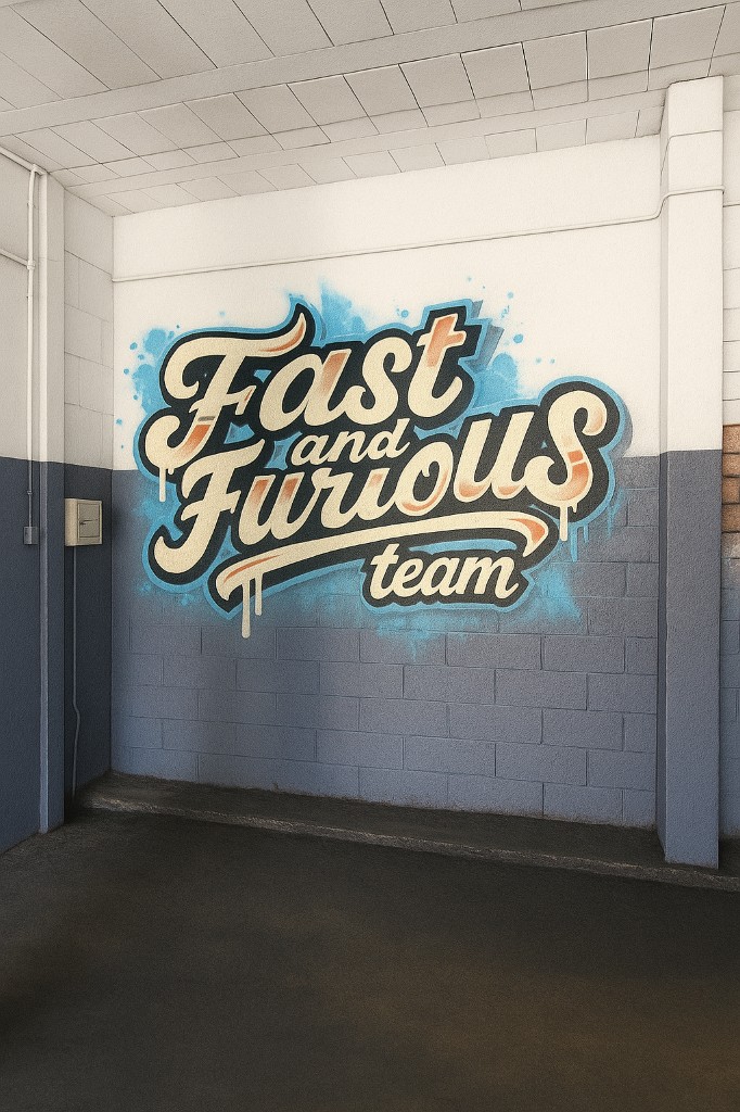 Logo Fast And Furious Team peint sur le mur de l'atelier — garage Corbeil-Essonnes